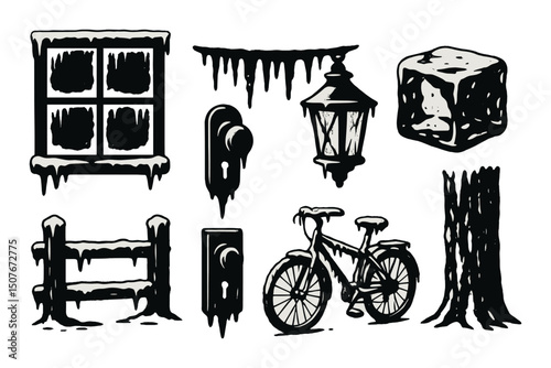 Frozen object silhouettes icons set – winter, icy shapes and cold-themed designs