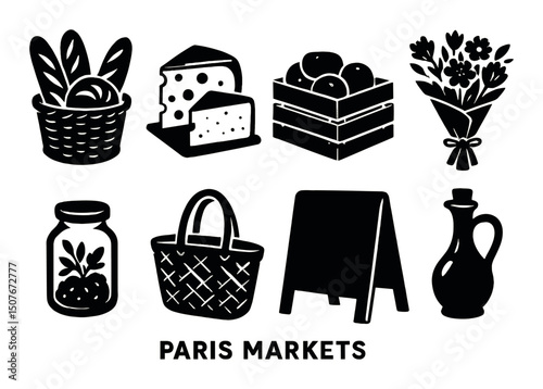 Paris markets silhouette icons set – simple, shopping and fresh produce symbols