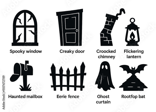 Haunted house silhouette icons set – spooky, eerie and ghostly symbol collection