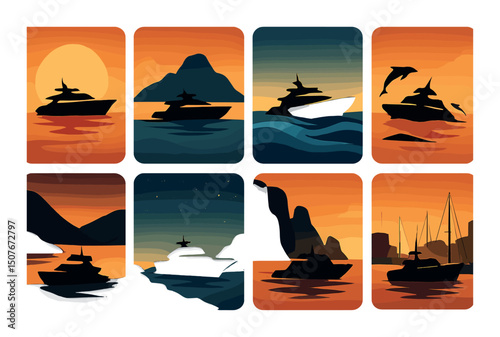 Yacht silhouette icons set – marine, nautical and ocean scene symbols