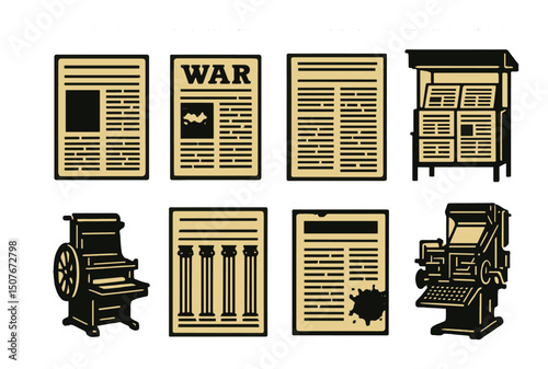 Vintage newspaper silhouette icons set – classic, print and media symbols