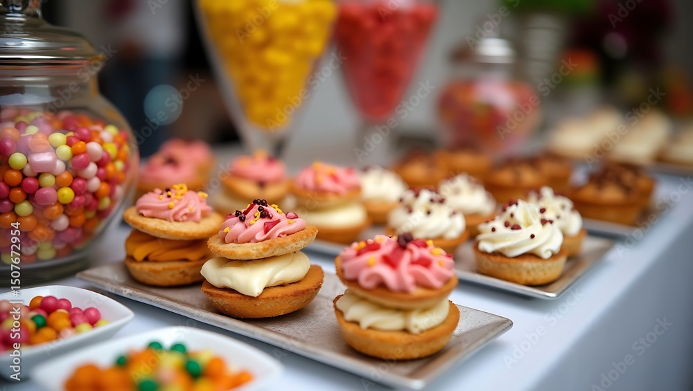 Fototapeta premium Delectable assortment of mini pastries and colorful candies on a dessert table