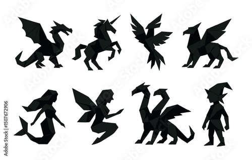 Origami fantasy creatures silhouette icons set – mythical, mystical shapes