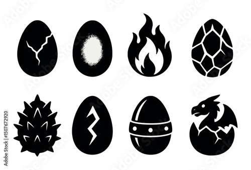 Mystical dragon eggs silhouette icons set – fantasy, mythical creature symbols