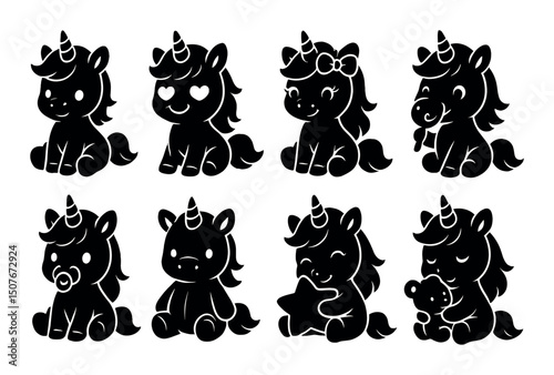 Cute unicorn silhouette icons set – whimsical, fantasy and adorable designs