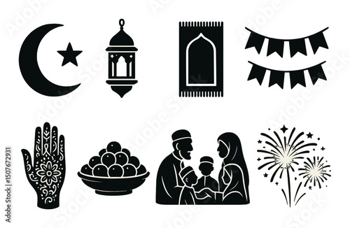 Eid celebration silhouette icons set – festival, holiday, and cultural symbols