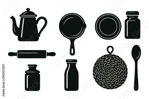 Vintage kitchenware silhouette icons set – classic, antique, cooking essentials
