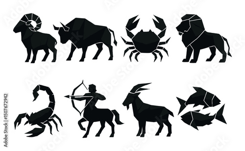 Zodiac origami icons set – silhouette, horoscope and astrology symbols