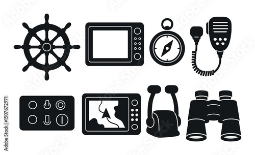Yacht equipment silhouette icons set – nautical, marine and sailing tools collection