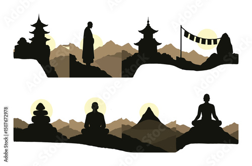 Sacred mountain silhouette icons set – serene, meditation and tranquility symbols