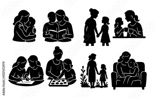 Mother and child silhouette icons set – family, parenting, nurturing symbols