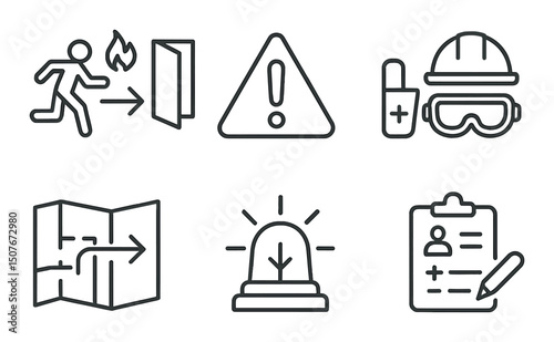 Safety procedures line icons set – linear, emergency and precaution symbols