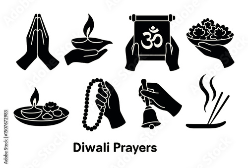 Diwali prayer icons set – silhouette, festive worship and spiritual symbol designs