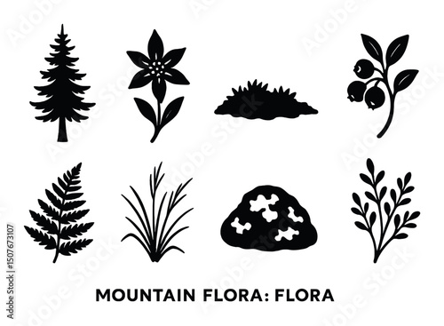 Mountain flora silhouette icons set – botanical, nature and plant symbols