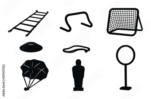 Soccer training equipment silhouette icons set – coaching, sport practice symbols