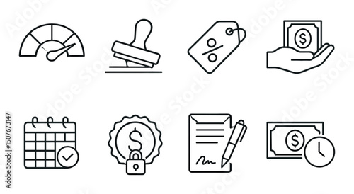 Loan and credit linear icons set – outline, finance, and banking symbol collection