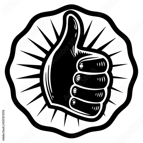 Black and white thumbs up hand gesture in a circular badge