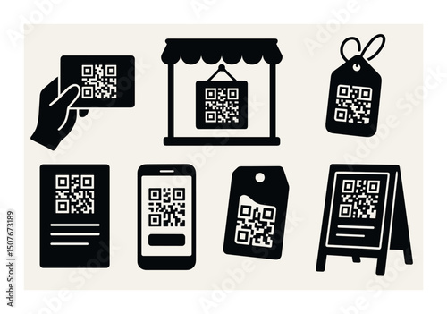 Business qr code silhouette icons set – barcode, commerce, digital scanning symbols