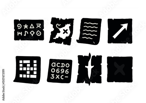 Treasure hunt silhouette icons set – pirate, adventure, and exploration symbols