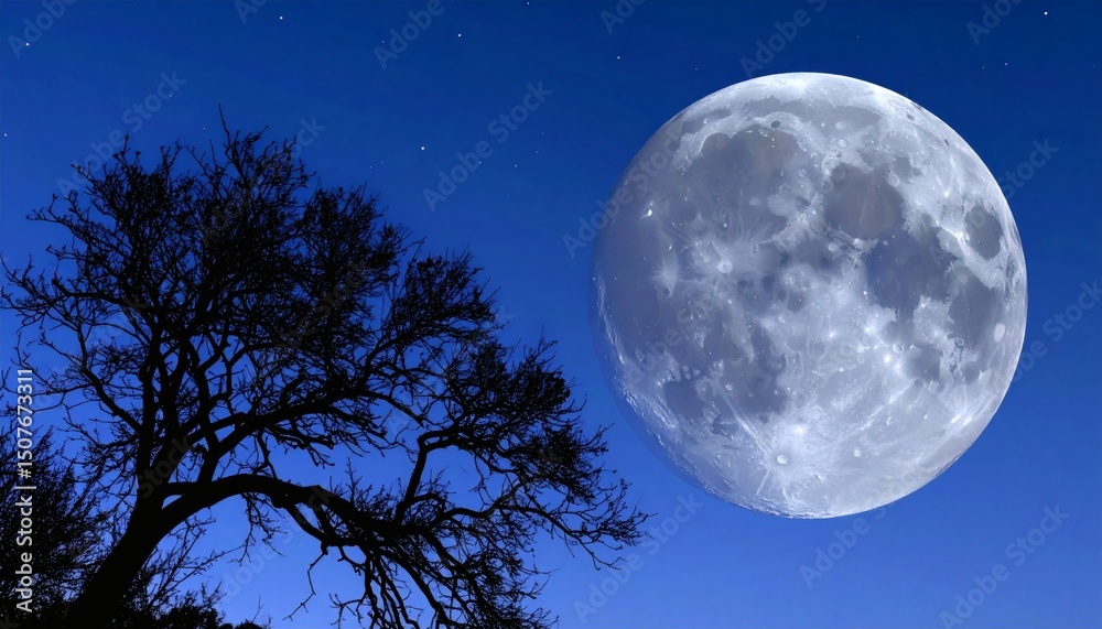 Naklejka premium Glowing blue moon behind dark tree high resolution photo