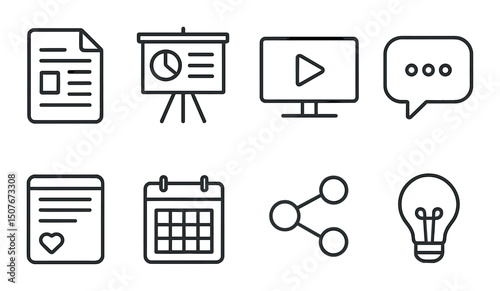 Content marketing outline icons set – linear, digital communication and strategy visuals