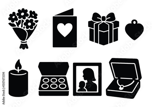 Mother's day silhouette icons set – gift, heart, and celebration symbols
