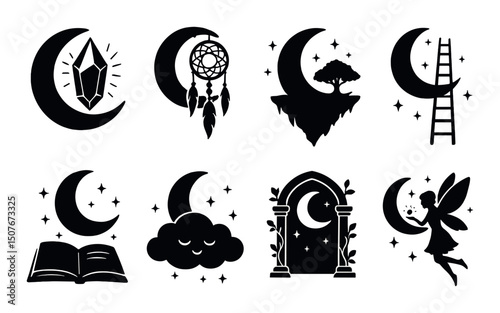 Moon and nighttime silhouette icons set – celestial, dreamlike and nocturnal symbols