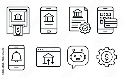 Banking technology silhouette icons set – finance, digital banking, fintech symbols