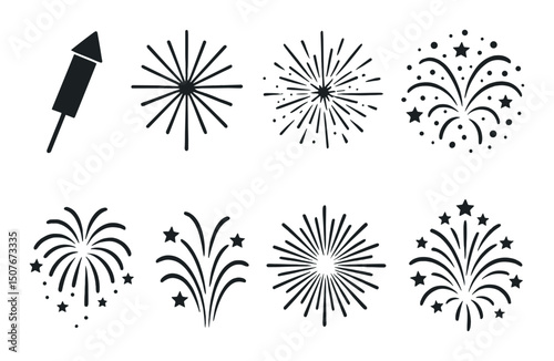 Fireworks silhouette icons set – simple, explosive celebration and festive symbols