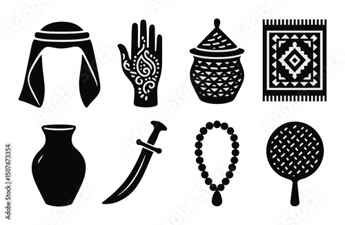 Qatari heritage silhouette icons set – traditional, cultural and historical symbols