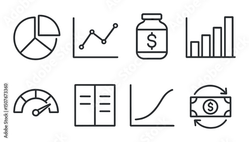 Financial and business outline icons set – silhouette, economy, banking symbols