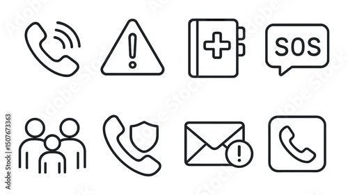 Emergency contact line icons set – essential communication and safety symbols