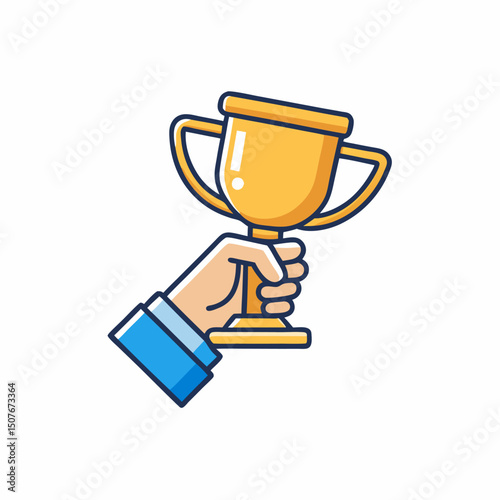 Hand holding a golden trophy award winning success achievement