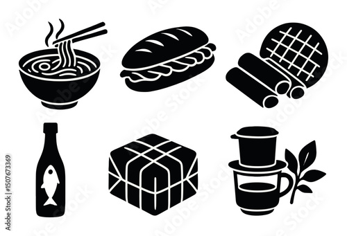 Vietnamese cuisine silhouette icons set – traditional, food and cultural symbols collection