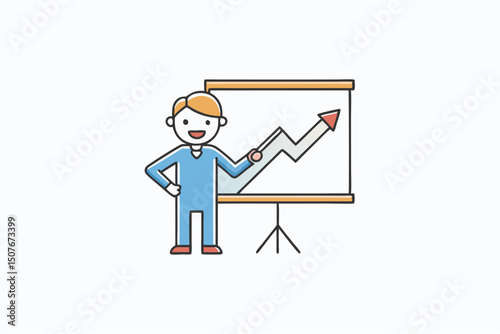 Happy businessman presenting upward trending graph on whiteboard