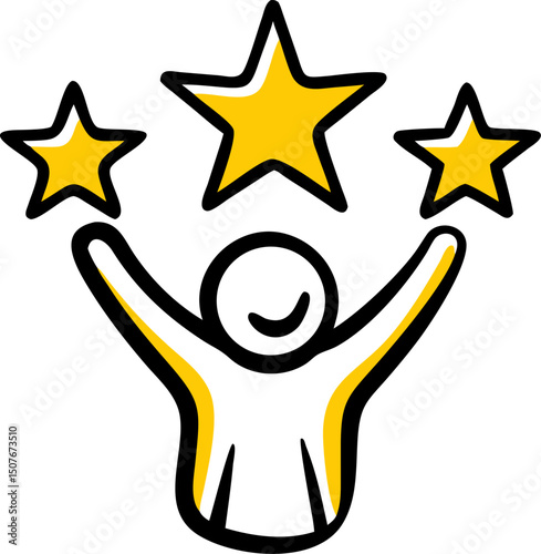Happy person with stars: A simple illustration of a happy person with raised hands holding three shining gold stars above their head, expressing success, joy, and achievement.