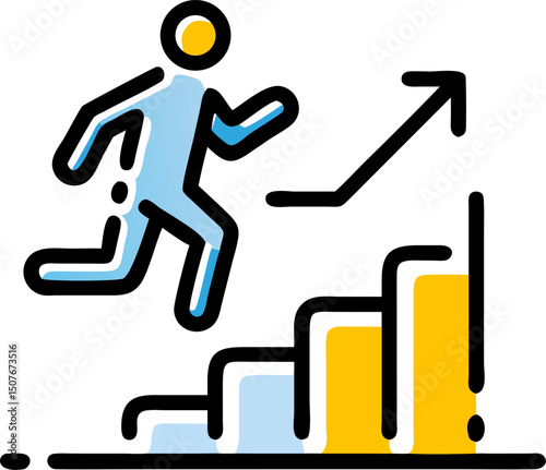 Climbing Towards Success: A stylized illustration depicts an individual confidently ascending a staircase, symbolizing progress, ambition, and the pursuit of goals. 