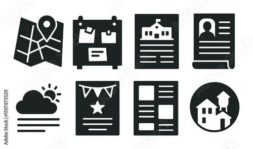 Local newspaper silhouette icons set – simple, news, media graphics