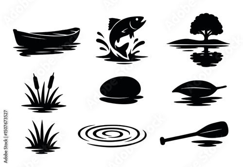 River and lake silhouette icons set – aquatic, waterway, and nature symbols