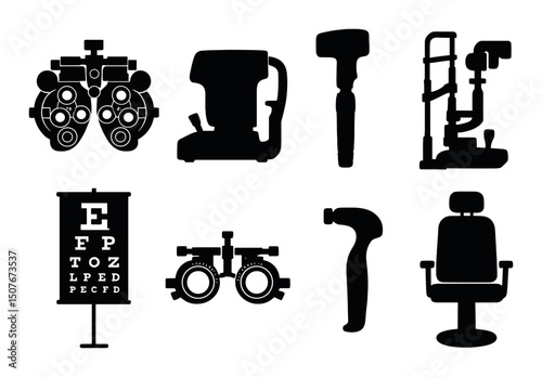 Optometry equipment silhouette icons set – vision care, eye health symbols