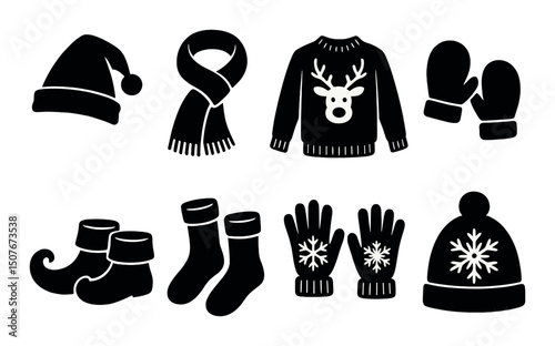 Christmas clothing silhouettes icons set – festive apparel, holiday winter wear designs