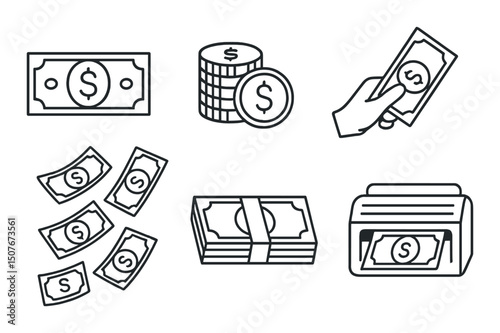 Finance and money icons set – silhouette, cash and payment symbols for design