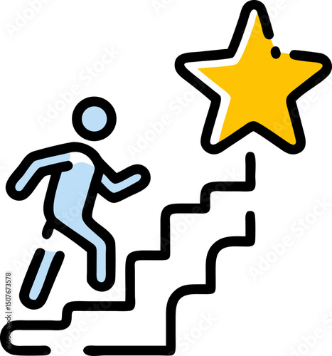 Person climbing stairs towards shining star achieving goals success