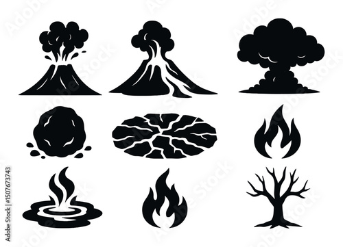 Volcano silhouette icons set – eruption, lava, and seismic activity symbols