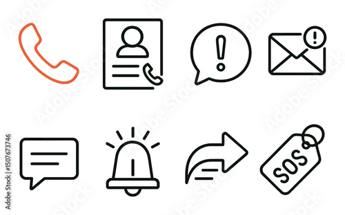 Emergency contact outline icons set – communication, alert, and safety symbols