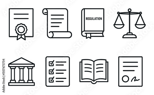 Legal and law outline icons set – silhouette, justice and regulation symbols