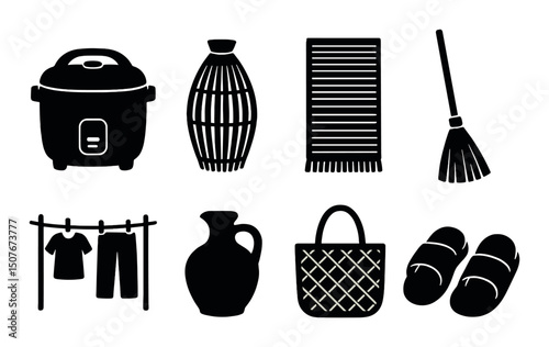 Vietnamese life silhouette icons set – culture, traditional, everyday objects collection