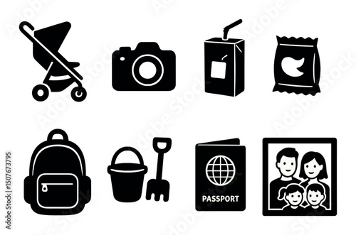 Family vacation silhouette icons set – travel, leisure and holiday theme symbols