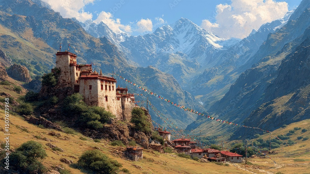 Fototapeta premium Majestic Mountain Fortress with Colorful Prayer Flags and SnowCapped Peaks in a Serene Valley