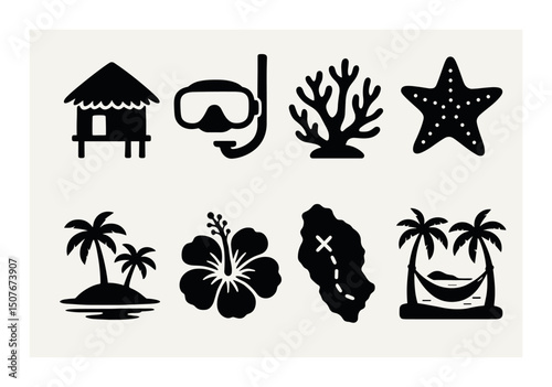 Island vacation silhouette icons set – beach, tropical and holiday symbols